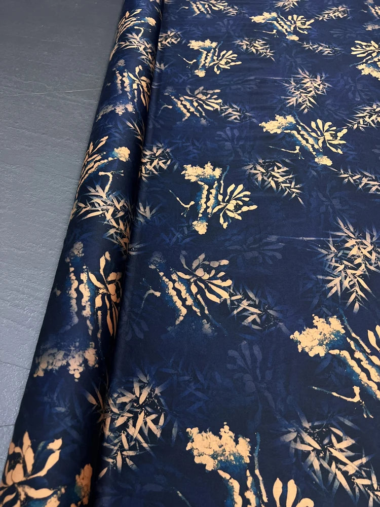 Gambiered Gauze Silk Fabric with Floral on Dark Blue Printed Design for Cheongsam Horse Face Skrit Dress,47'' Wide 25MM,Stretch DIY Sewing Material E1558