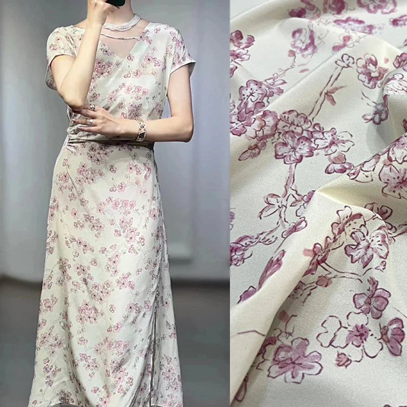 Stretch Comfortable Silk Crepe de Chine Fabric - Pink Floral Printed on White Design, Fabric for Summer Dress Pants-DIY Sewing Material D1497