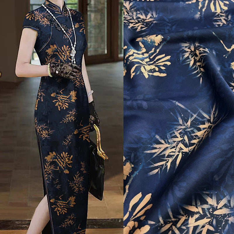 Gambiered Gauze Silk Fabric with Floral on Dark Blue Printed Design for Cheongsam Horse Face Skrit Dress,47'' Wide 25MM,Stretch DIY Sewing Material E1558