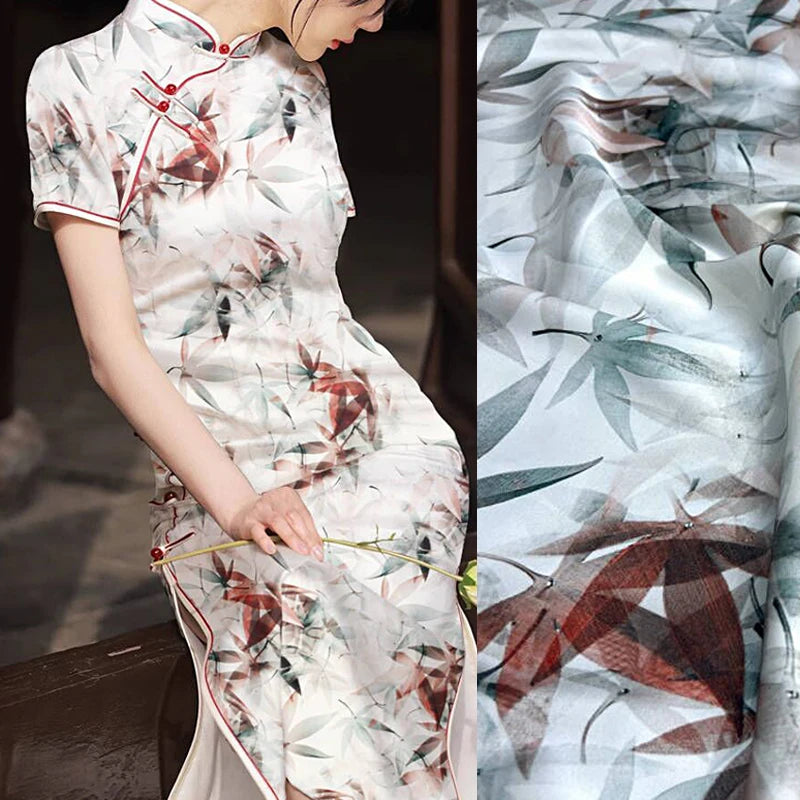 Silk Satin Fabric with Bamboo Printed Design-140CM Width,20MM Thick,Stretch Soft Comfortable Fabric for Summer Dress Pants D1624