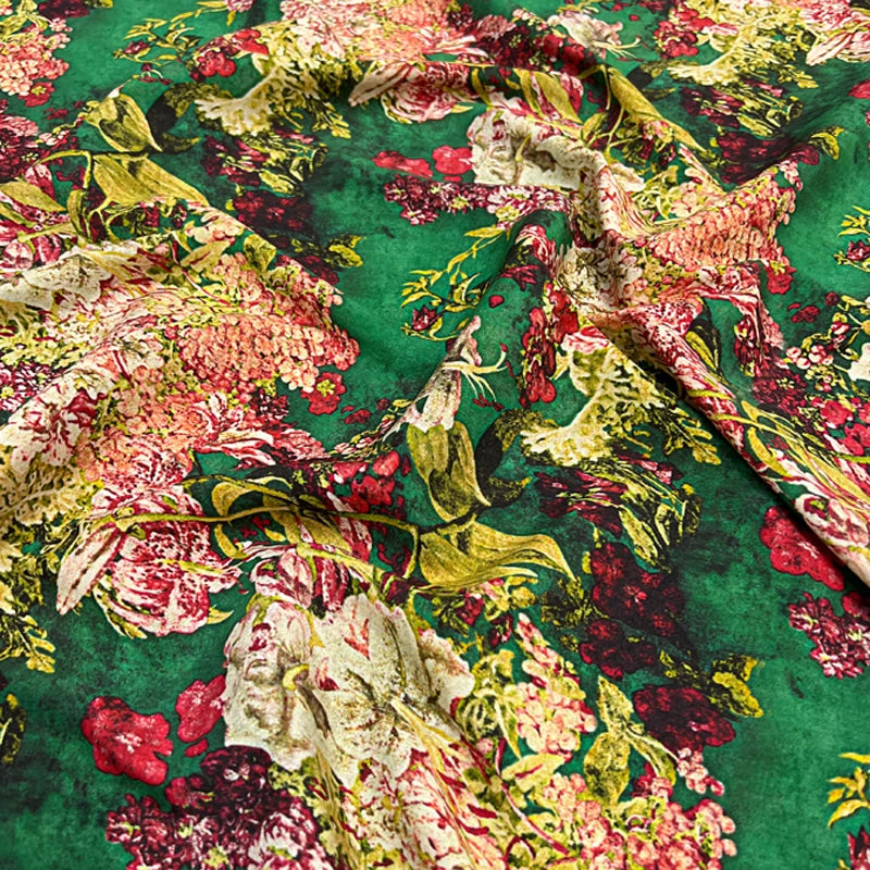 Brilliant Floral Printed on Green,140CM Wide 18MM Silk Crepe de Chine Fabric,Stretch Thin Summer Pants Dress Soft Fabric DIY Sewing Material D1618