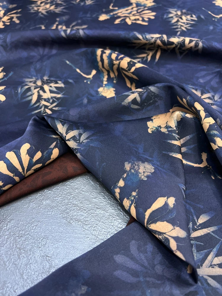 Gambiered Gauze Silk Fabric with Floral on Dark Blue Printed Design for Cheongsam Horse Face Skrit Dress,47'' Wide 25MM,Stretch DIY Sewing Material E1558