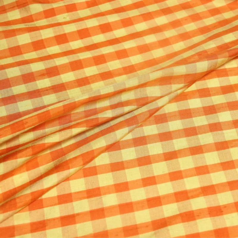 43.3'' Wide 20MM Orange Yellow Check Printed Silk Dupion Fabric for DIY Sewing Jacket Dress Coat R1877