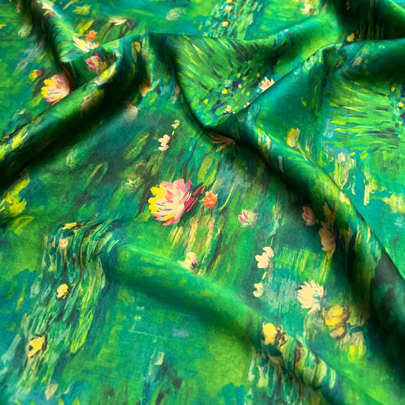 Lotus Print on Green Gambiered Guangdong Gauze Silk Fabric for Summer Stretch Jacket Dress Pants,47'' Wide 25MM Red Cloud Yarn Fabric,DIY Sewing Material E1549