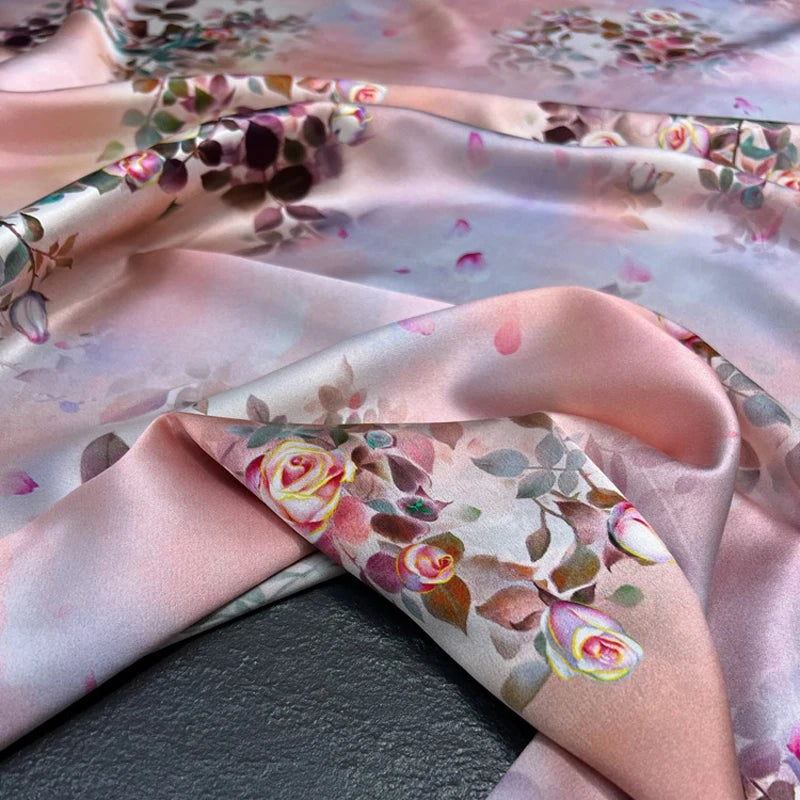 Soft and Smooth Silk Satin Fabric with Rose Printed on Pink Blue 140CM Wide 19MM Satin for DIY Sewing Summer Dress Clothing Pants R348