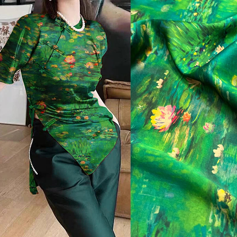 Lotus Print on Green Gambiered Guangdong Gauze Silk Fabric for Summer Stretch Jacket Dress Pants,47'' Wide 25MM Red Cloud Yarn Fabric,DIY Sewing Material E1549