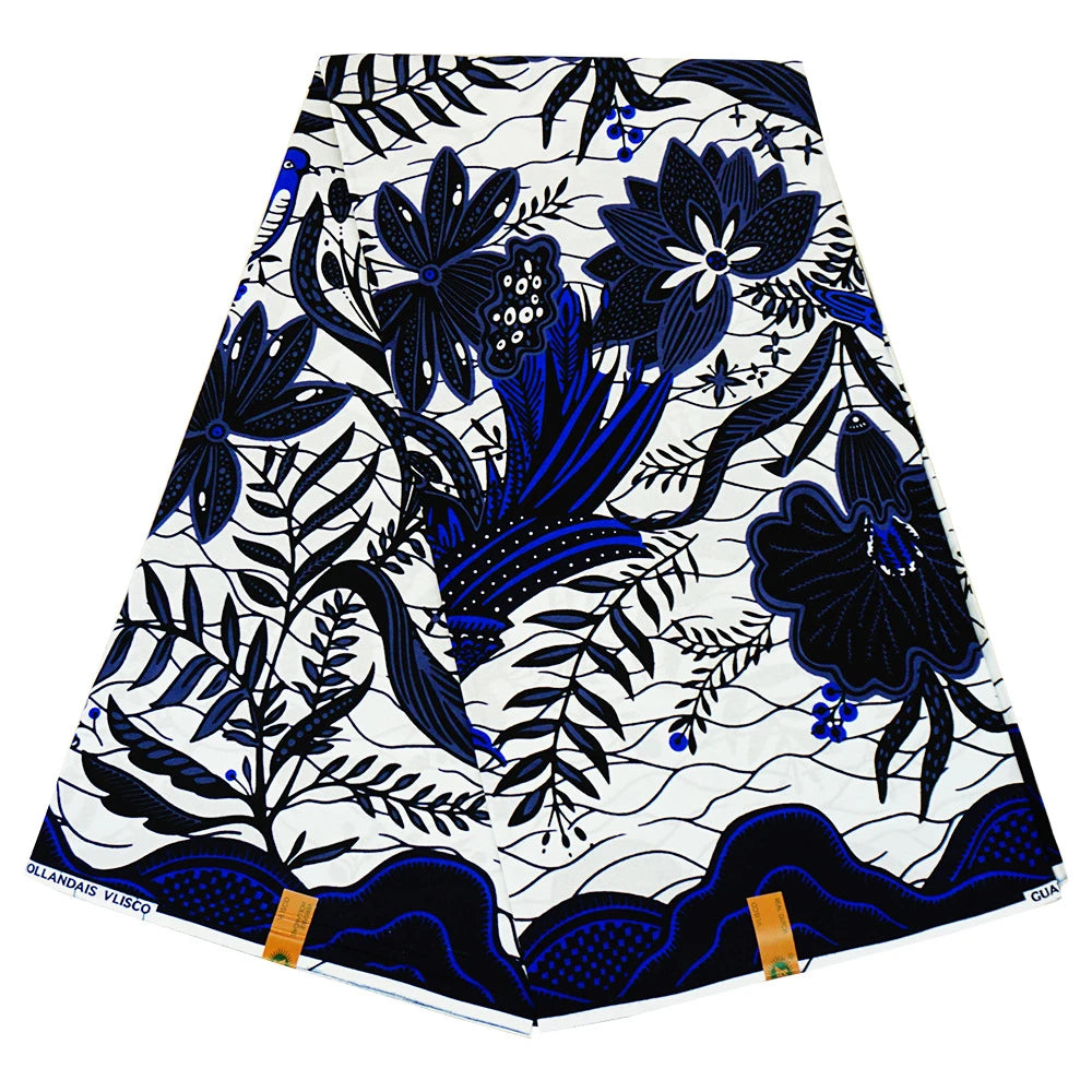 African Batik Fabric, Black Blue Plants Printed Cotton Wax Fabric for Spring Summer Clothing Curtains Sofa,115CM Wide DIY Sewing Material R871