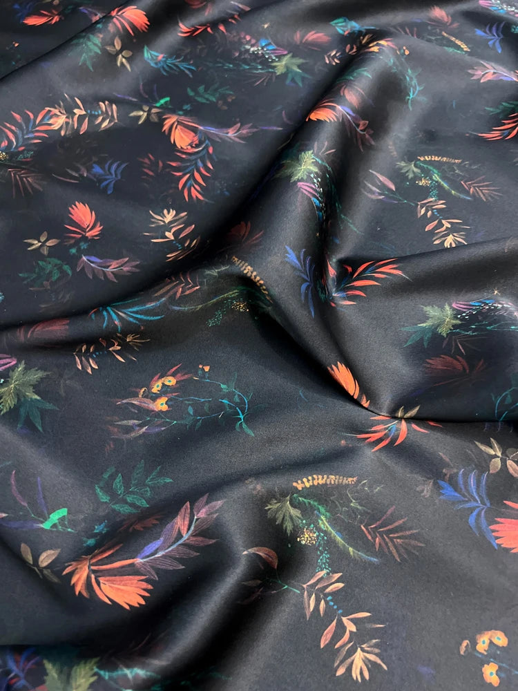 Stretch Gambiered Gauze Silk Fabric with Print on Black Design for Cheongsam Horse Face Skrit Dress Pants,47'' Wide 25MM Thick,DIY Sewing Material E1561