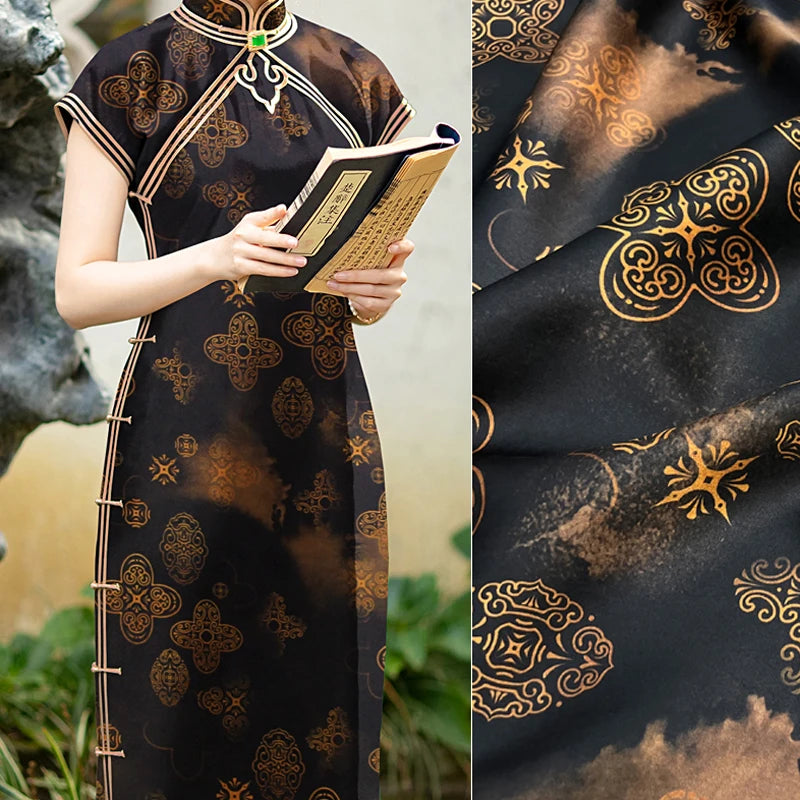 47'' Wide 25MM Thick Gambiered Gauze Silk Fabric with Chinese Style Geometry Printed Design for Stretch Cheongsam Horse Face Skrit Dress,DIY Sewing Material E1566