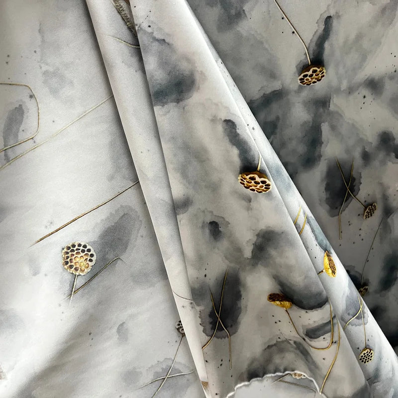 Golden Lotus Print Silk Satin Fabric - Smooth Blue Silk Fabric with 140CM Width 19MM-Good for Cheongsam Dress Pants R186