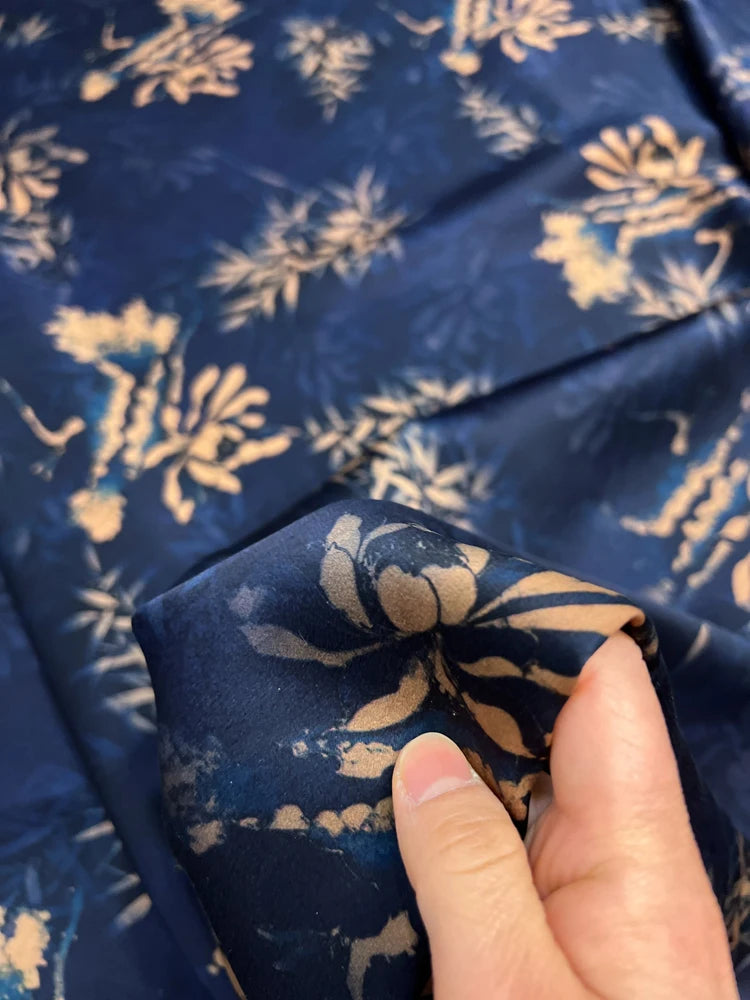 Gambiered Gauze Silk Fabric with Floral on Dark Blue Printed Design for Cheongsam Horse Face Skrit Dress,47'' Wide 25MM,Stretch DIY Sewing Material E1558