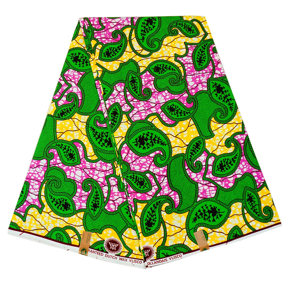 115CM Wide 6Yards Long,24*24Yarns,High-Quality African Cotton Batik Fabric-Green Yellow Print Fabric for Clothing and Sofa DIY Sewing Material R834