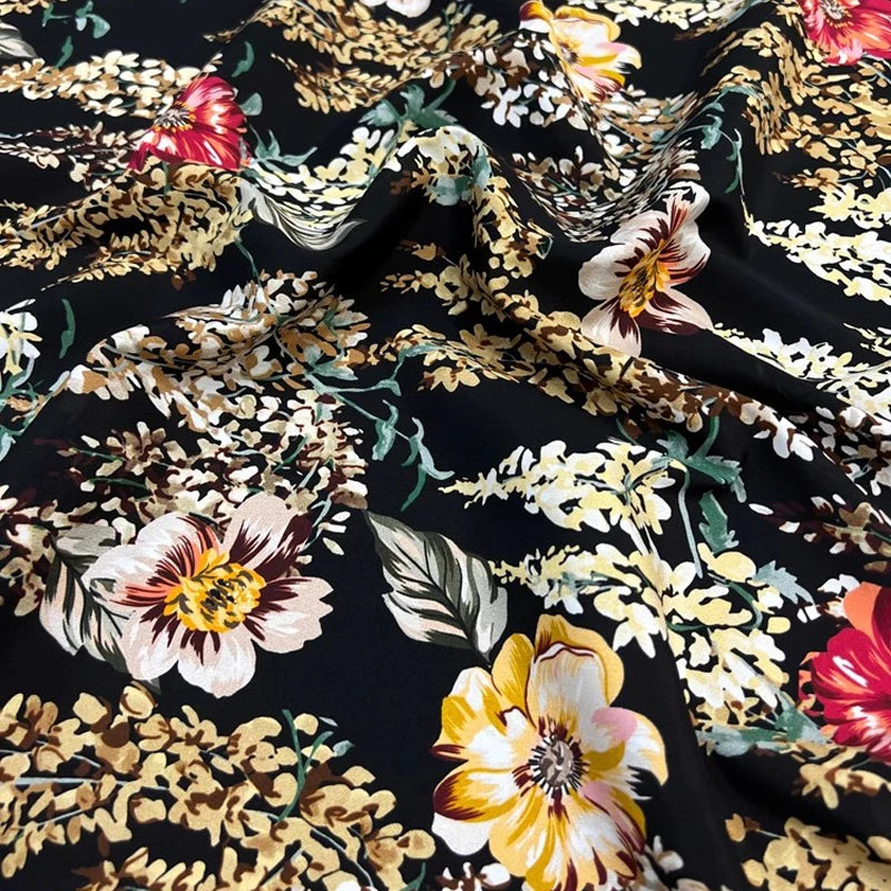Silk Spandex Fabric Crepe De Chine 18m/m Silk Fabric for Sewing by 1 Yard (Yellow Red Floral Print on Black) DIY Summer Thin Dress Pajamas Pants Material D1319
