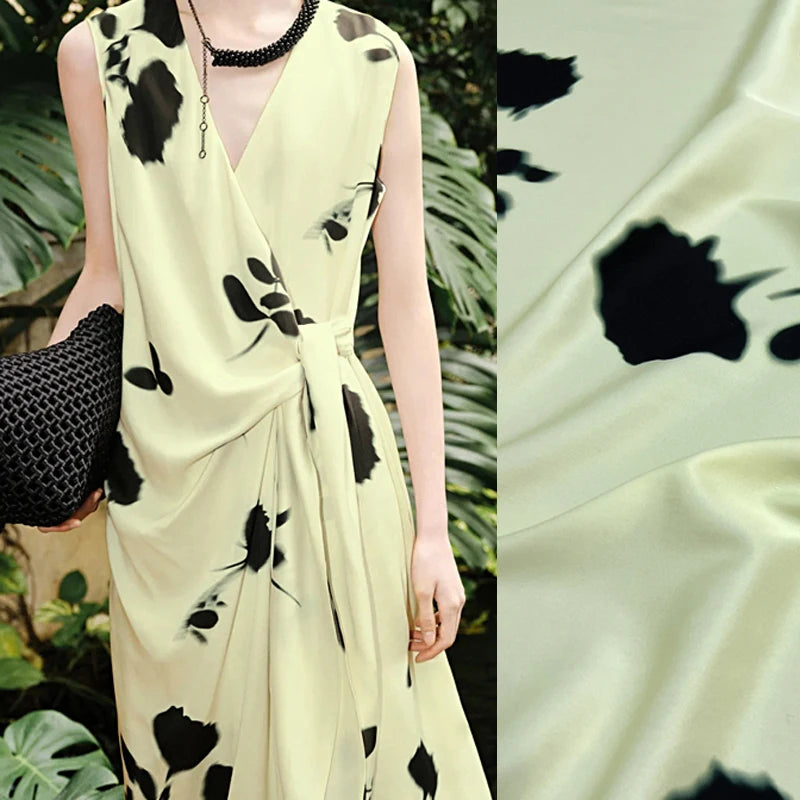 55'' Wide 20MM Thickness Black Floral on Light Green Printed Twill Silk Fabric by Yard for Summer Pants Blouse Dress-Stretch Silk Fabric DIY Sewing Material D1520