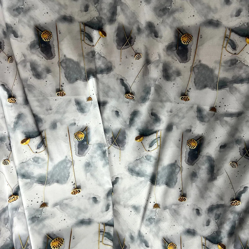 Golden Lotus Print Silk Satin Fabric - Smooth Blue Silk Fabric with 140CM Width 19MM-Good for Cheongsam Dress Pants R186