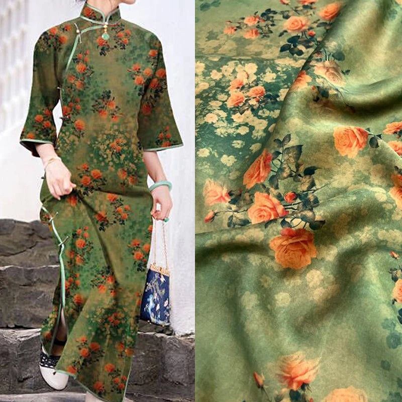 47'' Wide 25MM Thick Gambiered Gauze Silk Fabric with Orange Floral Printed Green Design for Soft Cheongsam Horse Face Skrit Dress Summer DIY Sewing MaterialE1589