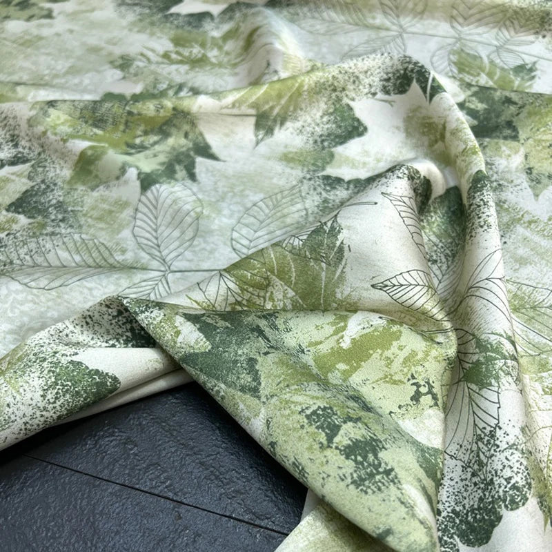 Breathable Stretch Silk Spandex Fabric 140CM Wide 19MM Silk Satin for Dressmaking DIY Material With Leaves Prints Green R349