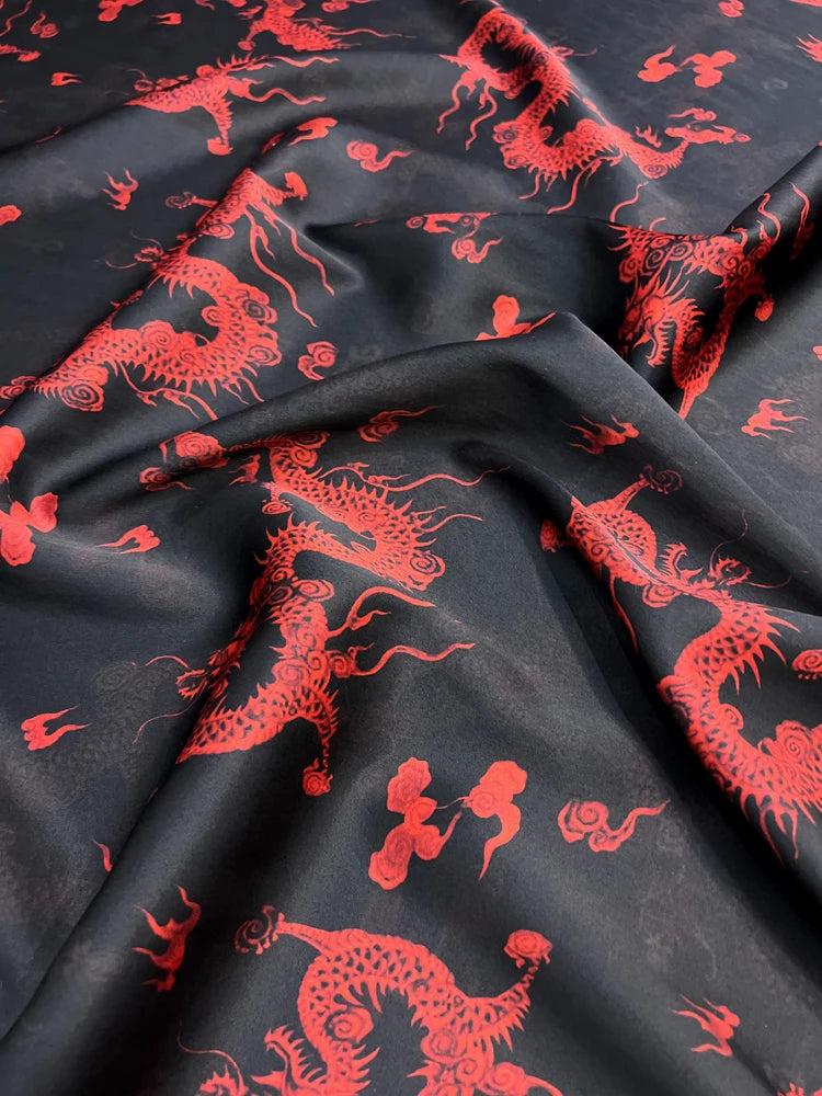 47'' Width 25MM Thick Gambiered Gauze Silk Fabric with Red Chinese Dragon Print on Black Design for Cheongsam Horse Face Skrit Dress Pants,DIY Sewing Material E1562