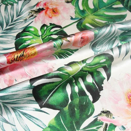105CM Wide 91G/M Big Green Print Stretch Silk Satin Fabric for Summer Spring Smooth Suit Dress Jacket Skirt,DIY Sewing Material C019