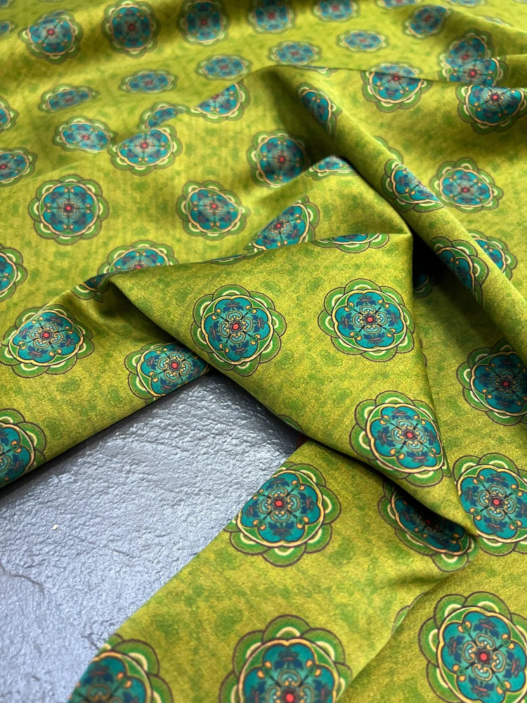 Gambiered Gauze Silk Fabric with Chinese Style Printed on Green Design for Cheongsam Horse Face Skrit Dress,47'' Wide 25MM Thick,DIY Sewing Stretch Material E1557
