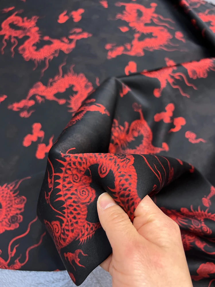 47'' Width 25MM Thick Gambiered Gauze Silk Fabric with Red Chinese Dragon Print on Black Design for Cheongsam Horse Face Skrit Dress Pants,DIY Sewing Material E1562