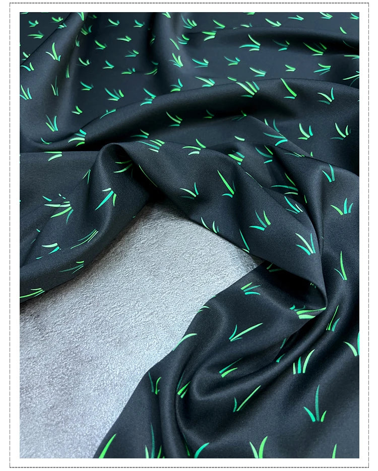 55'' Wide 20MM Thickness Stretch Grass Printed Black Twill Silk Fabric by Yard for Summer Spring Plants Blouse Dress Cheongsam DIY Sewing Material D1163