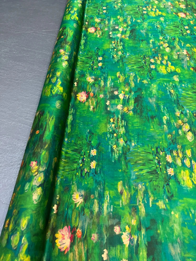 Lotus Print on Green Gambiered Guangdong Gauze Silk Fabric for Summer Stretch Jacket Dress Pants,47'' Wide 25MM Red Cloud Yarn Fabric,DIY Sewing Material E1549