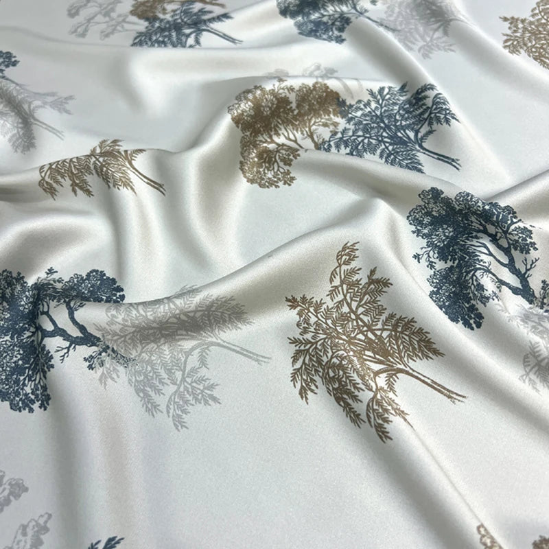 Trees Print on White Silk Satin Fabric 140CM Wide 20MM 93% Silk & 7% Spandex Dress Shirt Summer Stretch Silk Fabric for DIY Sewing D1450