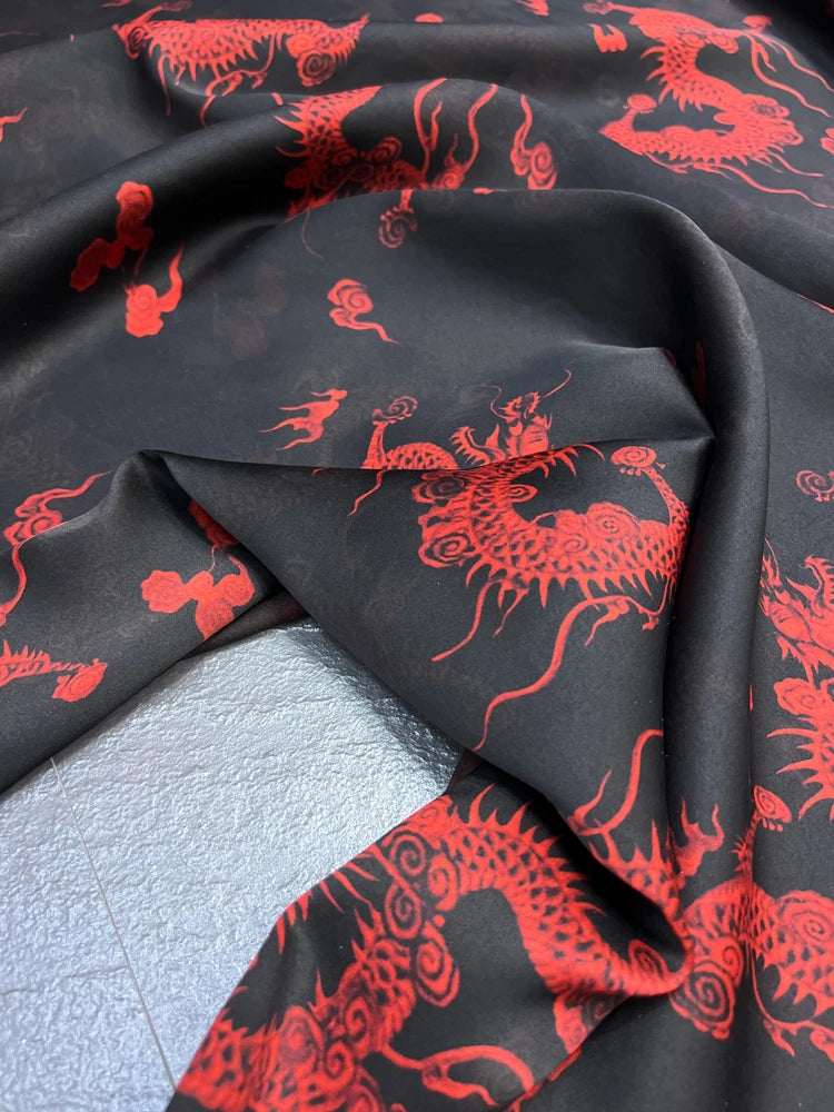 47'' Width 25MM Thick Gambiered Gauze Silk Fabric with Red Chinese Dragon Print on Black Design for Cheongsam Horse Face Skrit Dress Pants,DIY Sewing Material E1562
