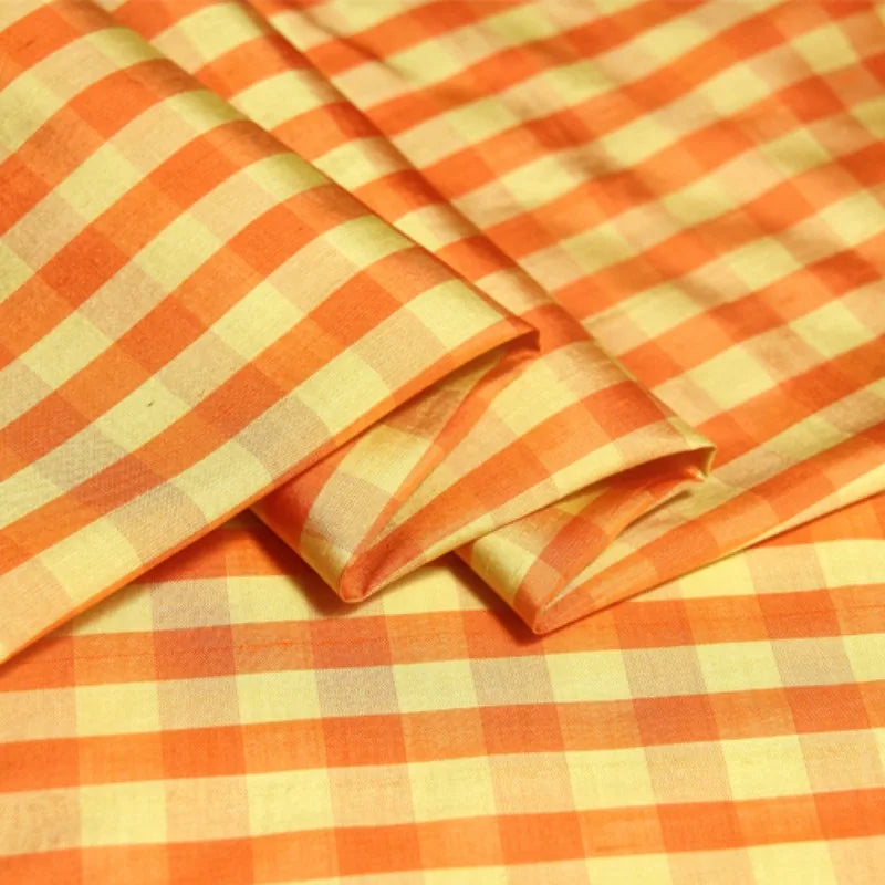 43.3'' Wide 20MM Orange Yellow Check Printed Silk Dupion Fabric for DIY Sewing Jacket Dress Coat R1877