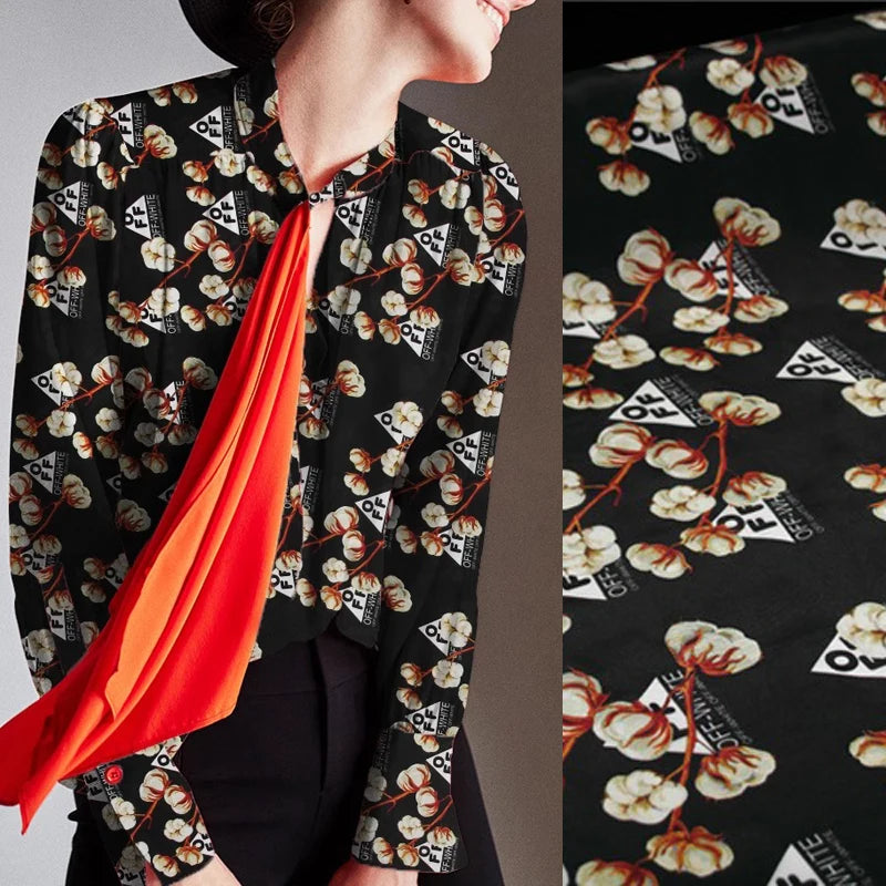 43'' Wide 12MM Cotton Printed Black Thin Silk Crepe de Chine Fabric Silk Fabric for DIY Sewing Summer Dress Pants Pajamas R1841 fabric