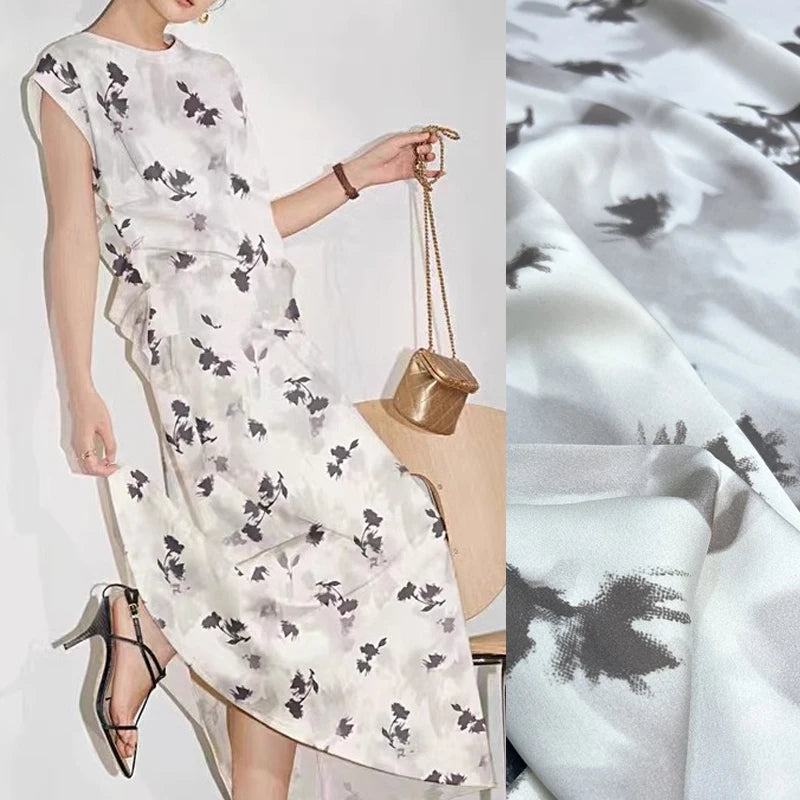 DIY Sewing Material Soft Comfortable Cheongsam Dressmaking Blouse Silk Fabric with Gray Print,55'' Wide 19MM Thickness Stretch Summer Silk Fabric by Yard R400