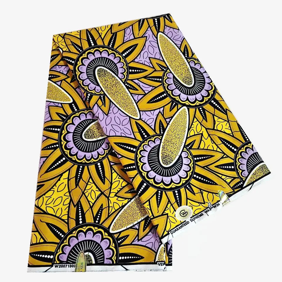 African Style Purple Yellow Floral Print Wax Fabric,Cotton Batik Fabric for Summer Spring Clothing Pants Sofa,6 Yards Long DIY Sewing Material R974
