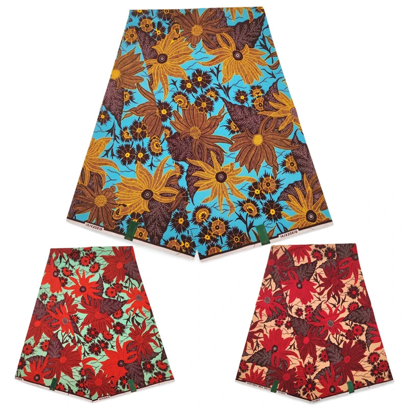 Clothing and Home Decor African Wax Fabric,Batik Cotton Fabric with Floral Print,Red Blue Green,115CM Width 6 Yards Length DIY Sewing Material R1026