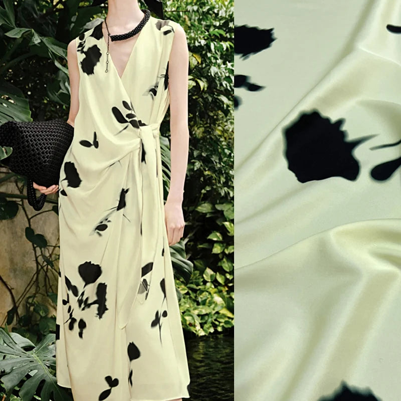 55'' Wide 20MM Thickness Black Floral on Light Green Printed Twill Silk Fabric by Yard for Summer Pants Blouse Dress-Stretch Silk Fabric DIY Sewing Material D1520