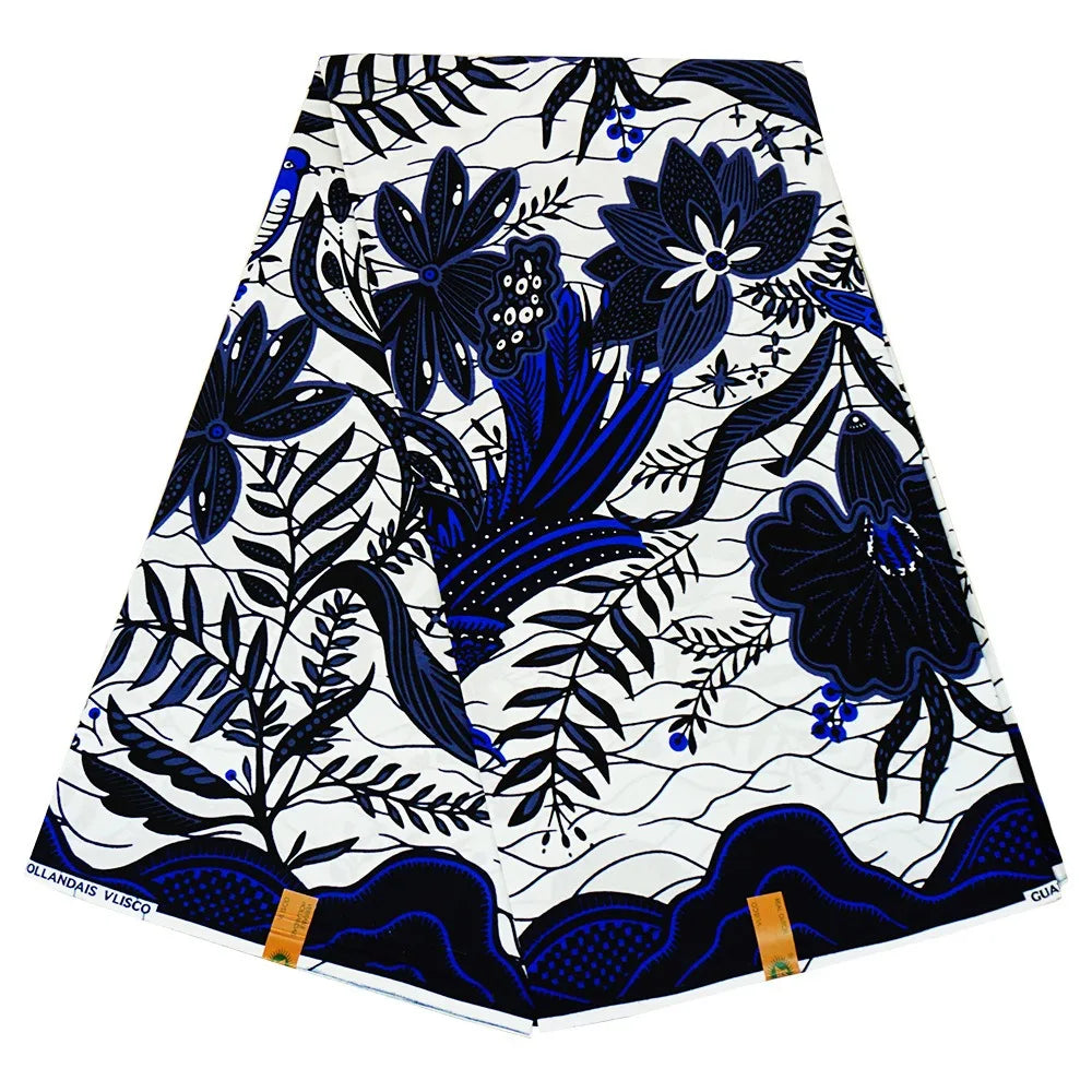 African Batik Fabric, Black Blue Plants Printed Cotton Wax Fabric for Spring Summer Clothing Curtains Sofa,115CM Wide DIY Sewing Material R871