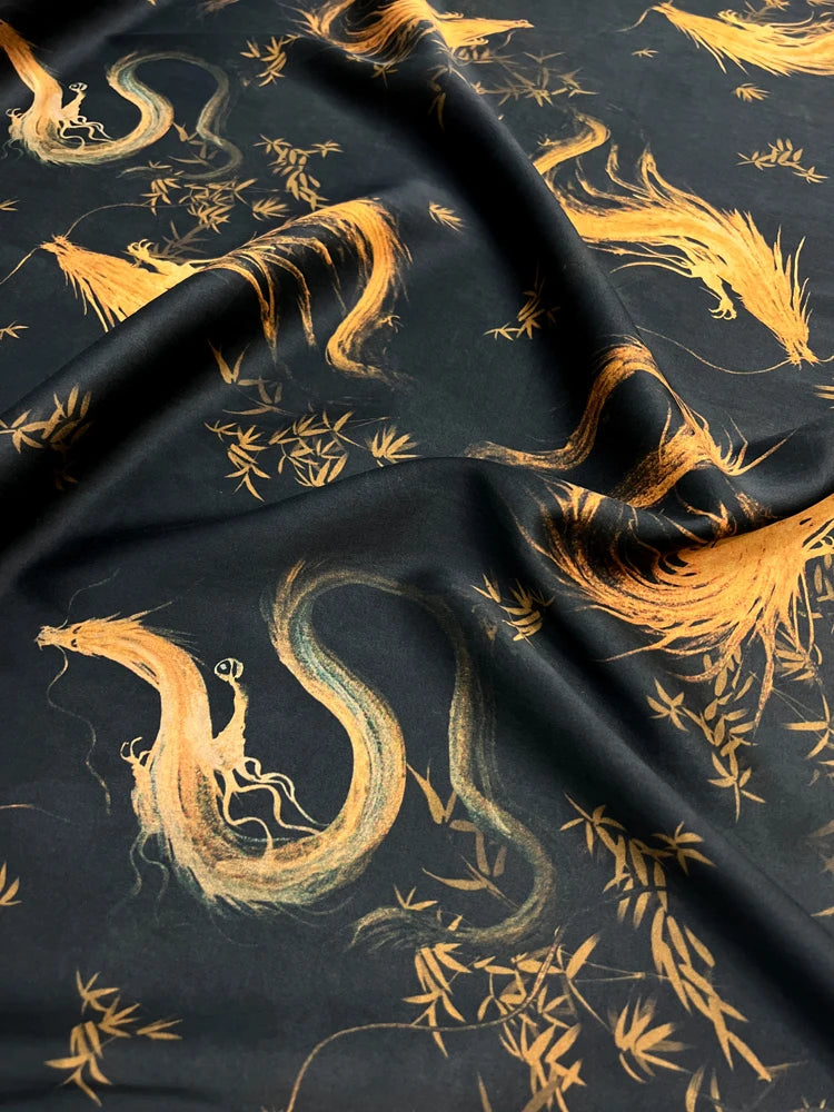 Luxury Gambiered Gauze Silk Fabric with Golden Dragon Printed Design for Cheongsam Horse Face Skrit Dress,47'' Wide 25MM Stretch DIY Sewing Material E1556