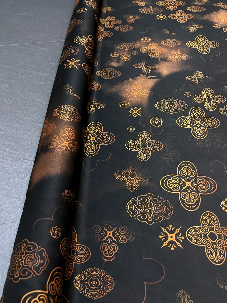 47'' Wide 25MM Thick Gambiered Gauze Silk Fabric with Chinese Style Geometry Printed Design for Stretch Cheongsam Horse Face Skrit Dress,DIY Sewing Material E1566