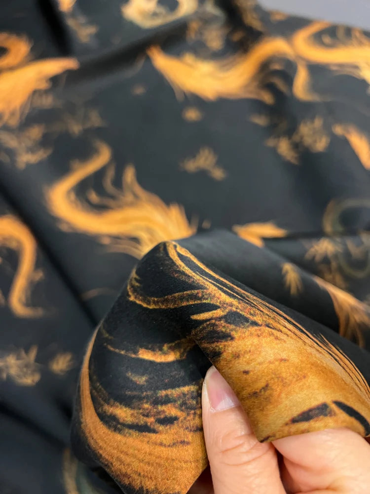 Luxury Gambiered Gauze Silk Fabric with Golden Dragon Printed Design for Cheongsam Horse Face Skrit Dress,47'' Wide 25MM Stretch DIY Sewing Material E1556