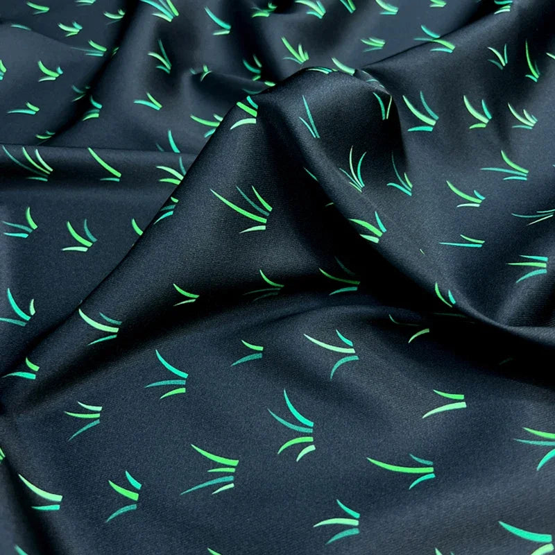 55'' Wide 20MM Thickness Stretch Grass Printed Black Twill Silk Fabric by Yard for Summer Spring Plants Blouse Dress Cheongsam DIY Sewing Material D1163