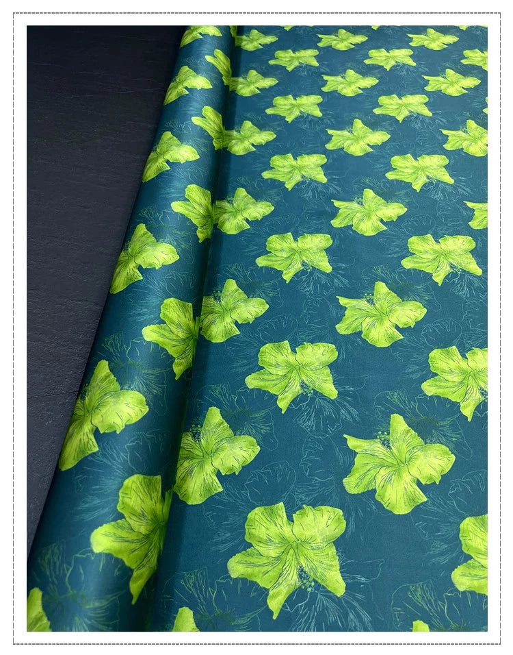 Exclusive Silk Spandex Fabric by Yard with Green Lilies Print on Blue-55'' Wide - Perfect for Dress, Cheongsam and Scarves 19MM Thickness DIY Sewing Silk Fabric Material D1383