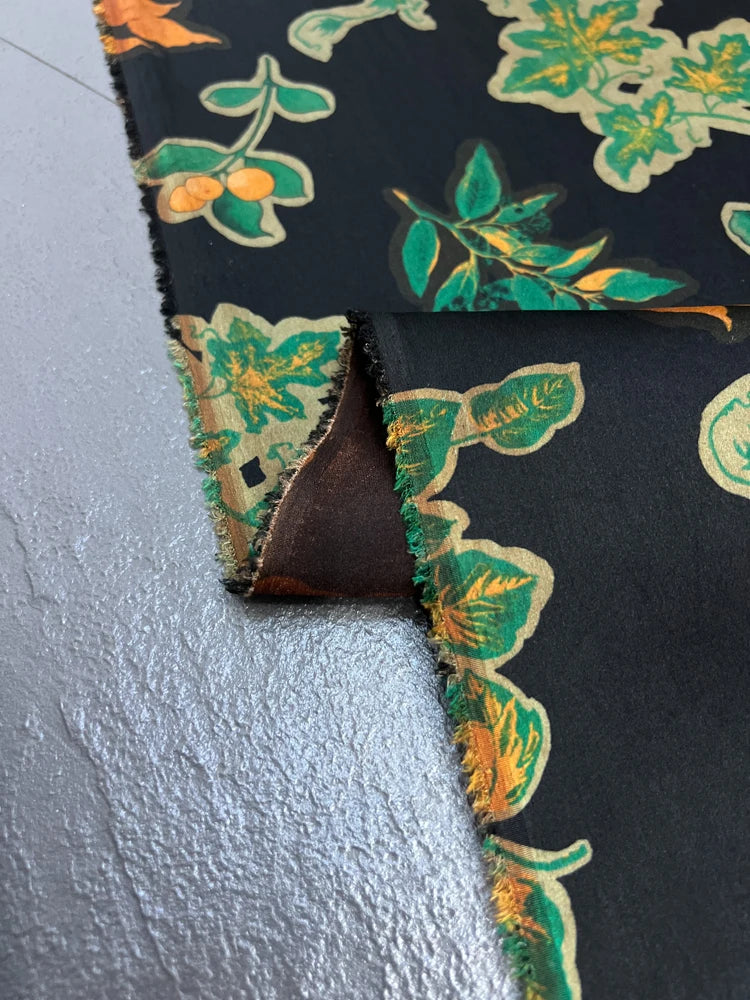 47'' Wide 25MM Thick Gambiered Gauze Silk Fabric with Green Leaves on Black Printed Design for Cheongsam Horse Face Skrit Dress DIY Sewing Material By Yard E1570