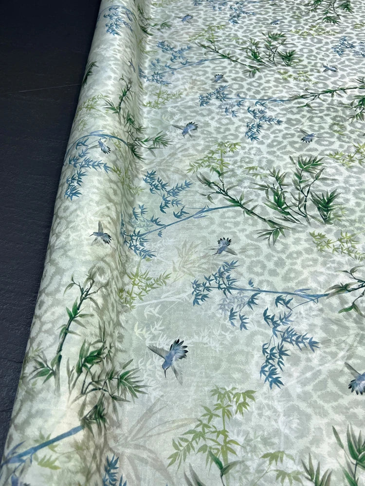 Jacquard Silk Fabric-45'' Width,17MM Thick, Thin Fabric for Summer Dresses Pants Blue Green Bamboo Print Fabric-DIY Sewing Material D1546