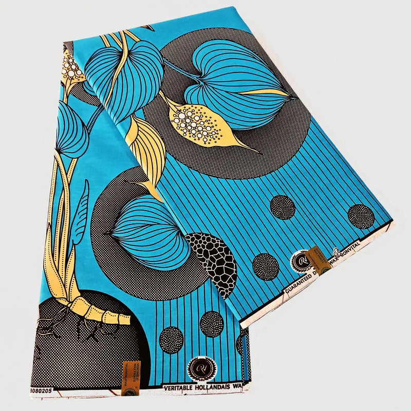 Plants Print Blue African Style Cotton Wax Batik Fabric,6 Yards Long 115CM Wide,Material for DIY Sewing Summer Spring Clothing R916