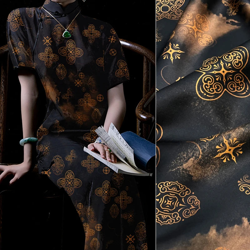47'' Wide 25MM Thick Gambiered Gauze Silk Fabric with Chinese Style Geometry Printed Design for Stretch Cheongsam Horse Face Skrit Dress,DIY Sewing Material E1566