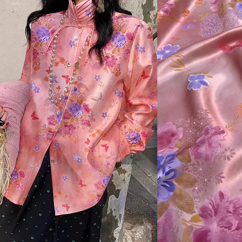 Jacquard Silk Fabric by Yard -55'' Wide-26MM Thickness-Perfect for Summer Shirt Dress Cheongsam Floral Butterfly Print on Pink Silk Fabric DIY Sewing Material D1463