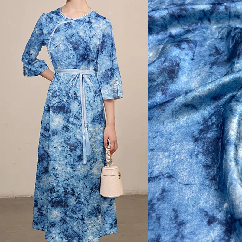 45'' Wide 17MM Thickness Jacquard Silk Fabric by Yard for Summer One-piece Dress Clothes Pants Butterfly Floral Blue Silk Fabric DIY Sewing Material D1542