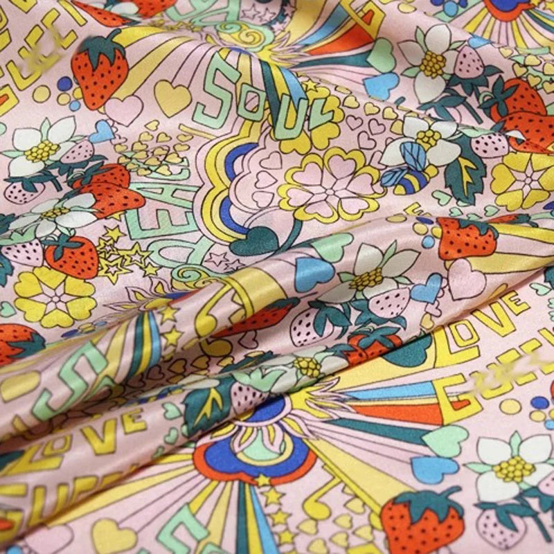43.3'' Wide 12MM Colorful Printed Pink Thin Silk Crepe de Chine Fabric for DIY Sewing Summer Dress Pants Blouse Pajamas R1840