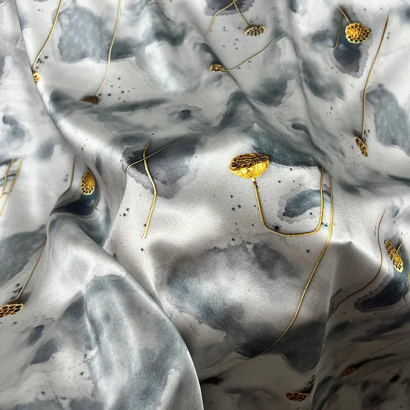 Golden Lotus Print Silk Satin Fabric - Smooth Blue Silk Fabric with 140CM Width 19MM-Good for Cheongsam Dress Pants R186