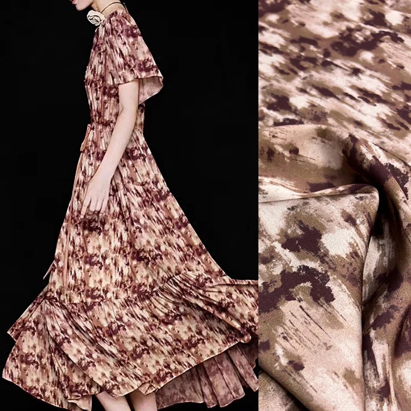 Soft Blouse Cheongsam Dress Silk Fabric with Printed on Brown - 55'' Wide 19MM Thickness Stretch Silk Fabric by Yard DIY Sewing Material R399